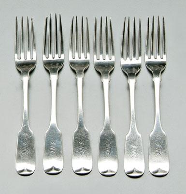 Set of six coin silver forks: