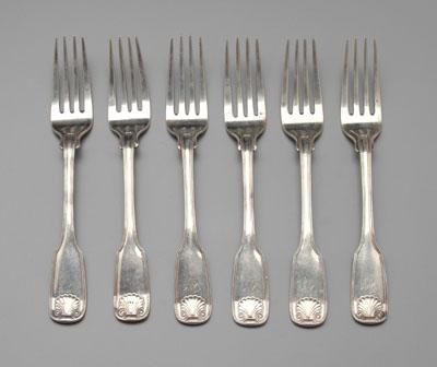 Set of six coin silver forks: