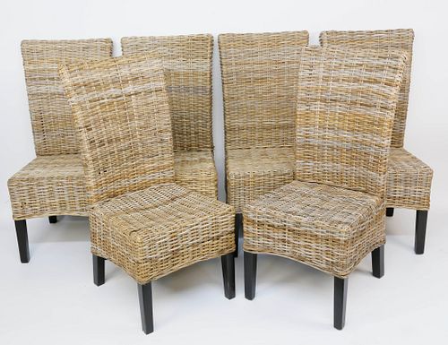SET OF SIX RATTAN DINING CHAIRS,