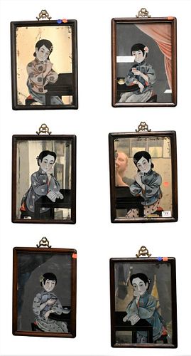 SET OF SIX REVERSE PAINTED