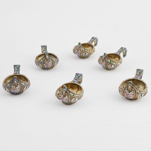 SET OF SIX RUSSIAN CLOISONNé SILVER