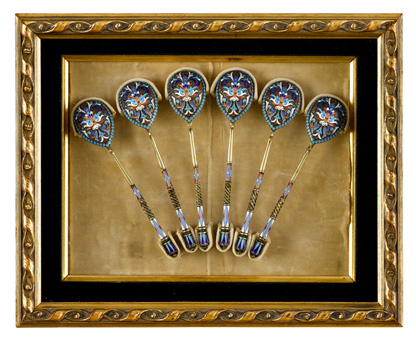 Set of six Russian enamel spoons