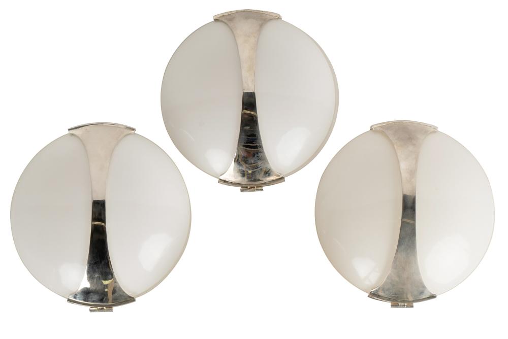 SET OF THREE CHROME AND WHITE GLASS