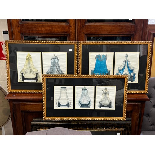 Set of three coloured prints of bed