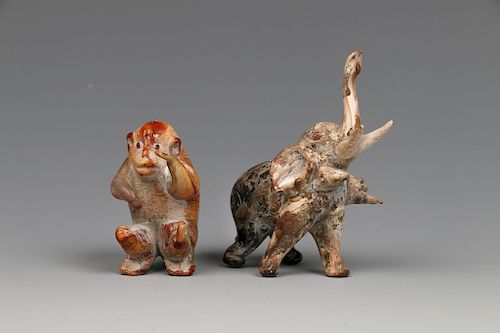 SET OF TWO GLASS MONKEY AND