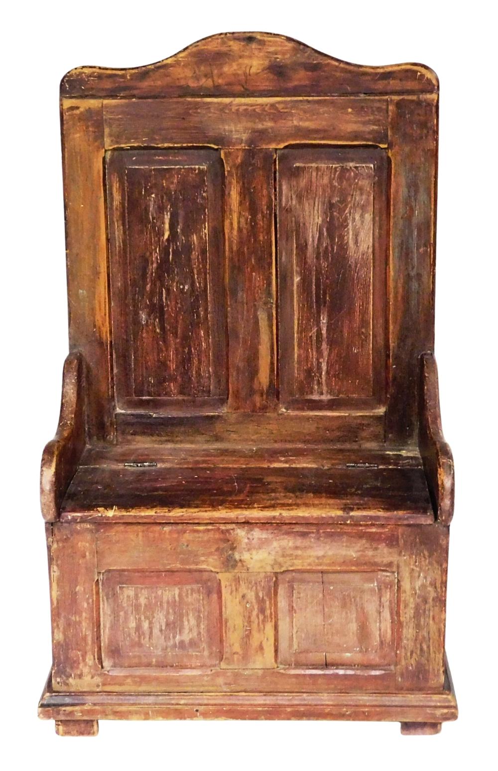 SETTLE, PAINTED RED FINISH ON WOOD,