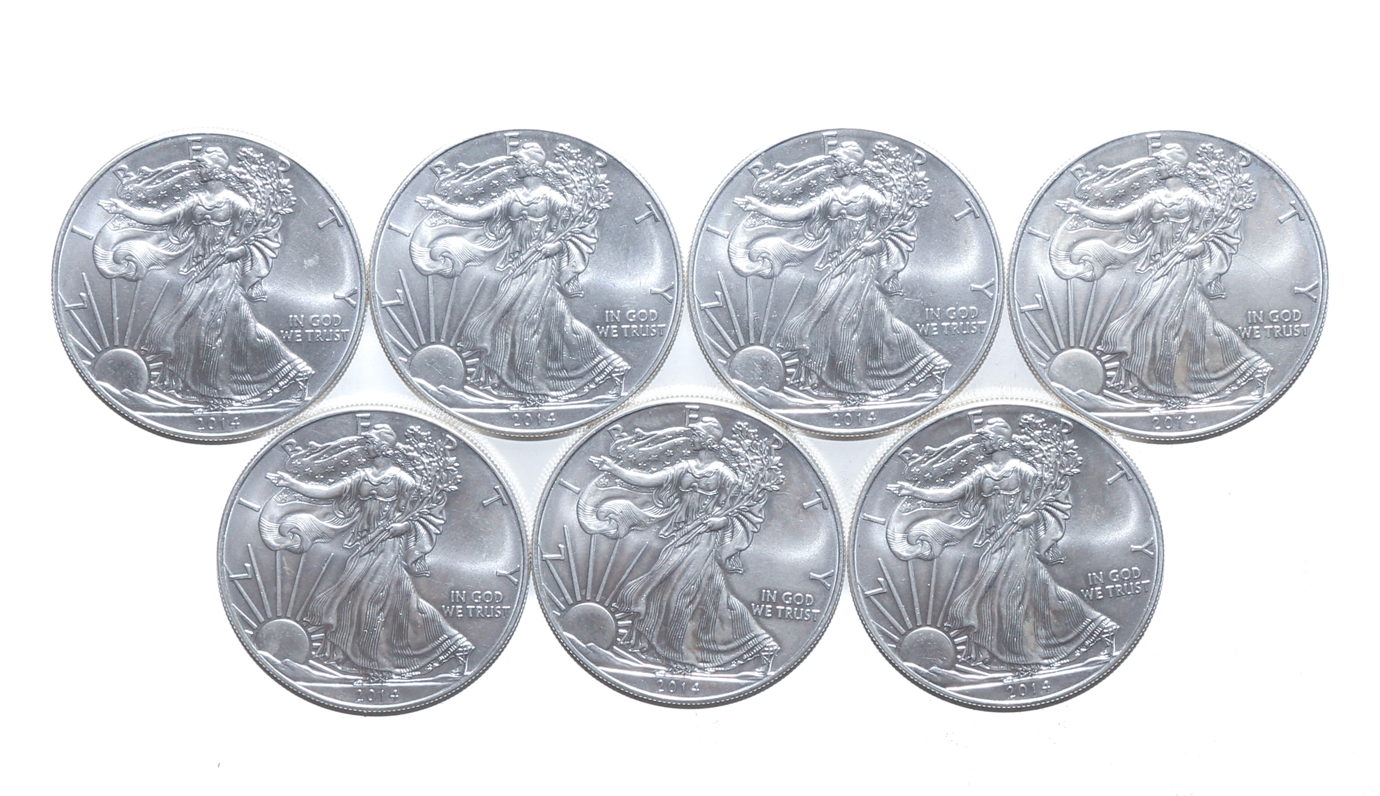 SEVEN 2014 US SILVER EAGLES - BU .