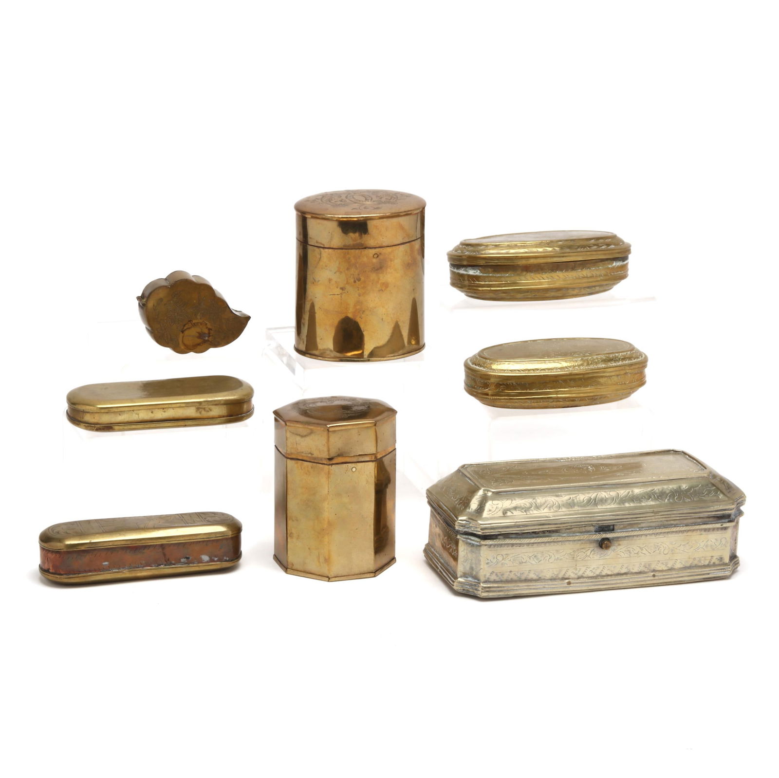 SEVEN ANTIQUE DUTCH BRASS TOBACCO