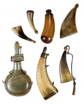 SEVEN ANTIQUE HORN POWDER FLAS