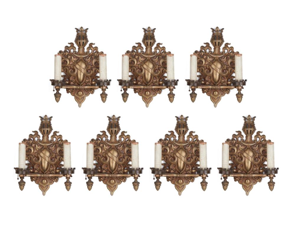 SEVEN ARMORIAL CAST BRASS WALL