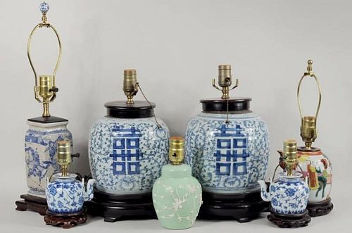 SEVEN ASIAN PORCELAIN LAMPSSeven