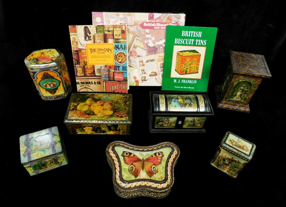 SEVEN BISCUIT TINS WITH THREE