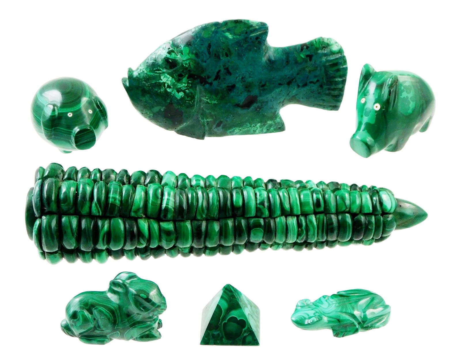 SEVEN CARVED MALACHITE ANIMALS