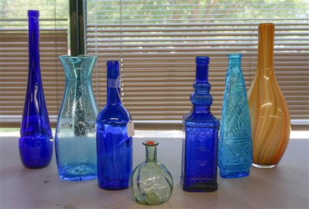 SEVEN COLORED GLASS VASES, WINE