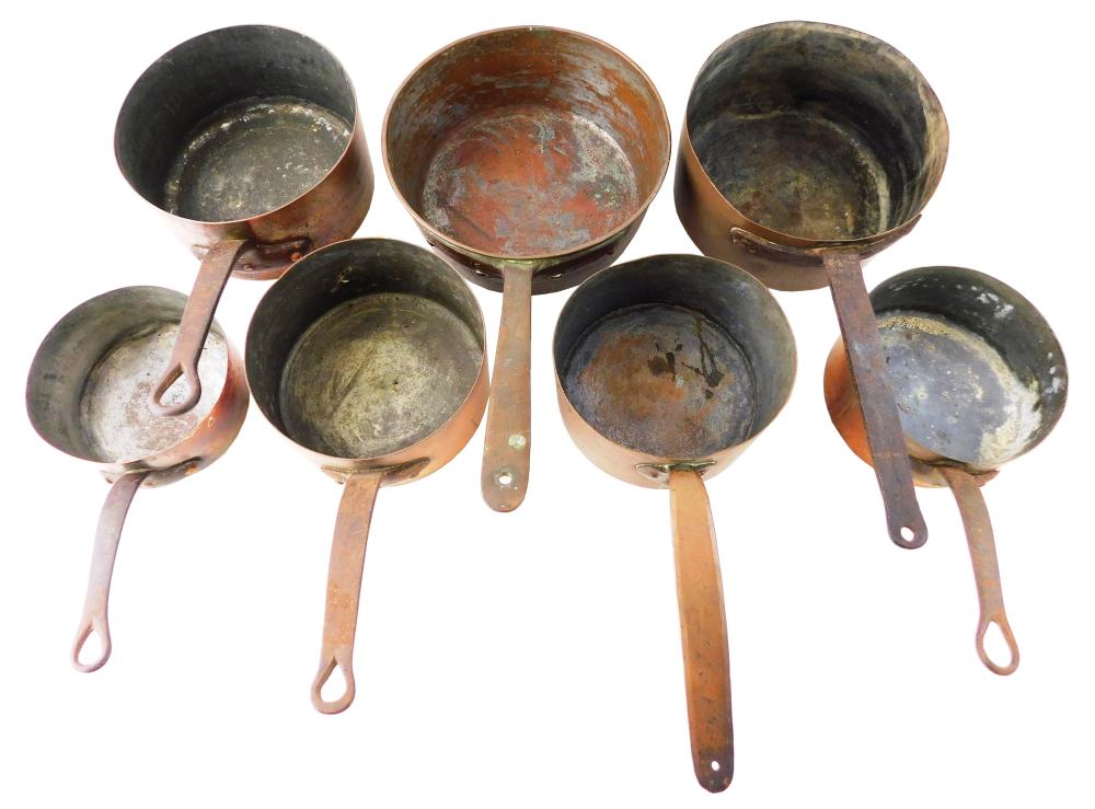 SEVEN COPPER COOKING POTS, SET OF