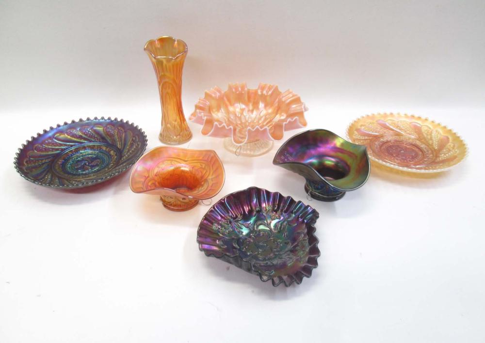 SEVEN DUGAN CARNIVAL GLASS VESSELS,