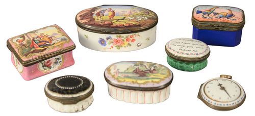 SEVEN ENAMELED BATTERSEA BOXES, ONE