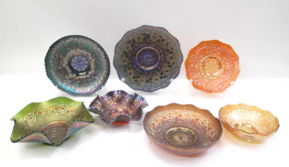 SEVEN FENTON CARNIVAL GLASS PIECES,