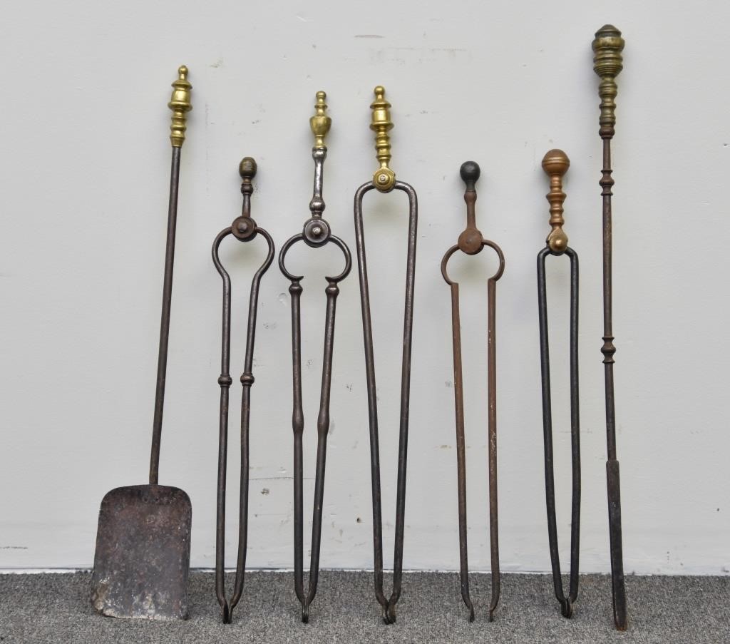 Seven fireplace tongs, shovel,
