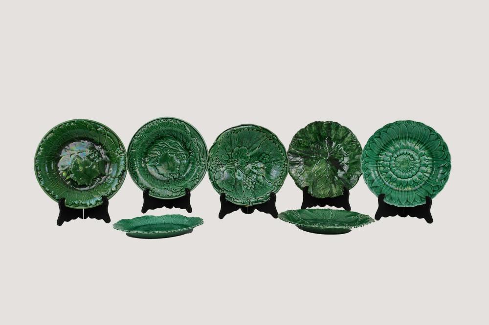 SEVEN GREEN MAJOLICA LEAF MOLDED