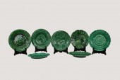 SEVEN GREEN MAJOLICA LEAF MOLD
