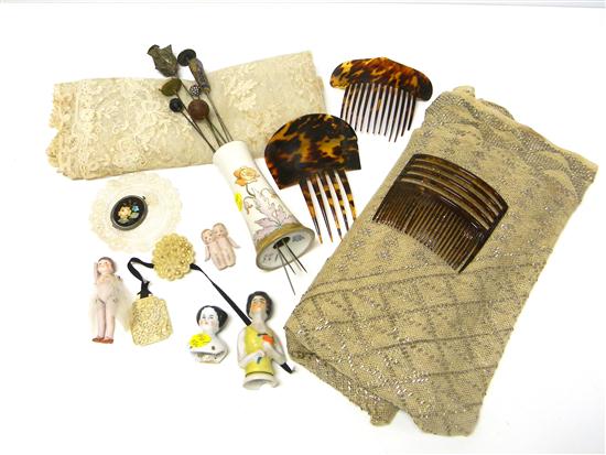Seven hat pins; three hair combs;