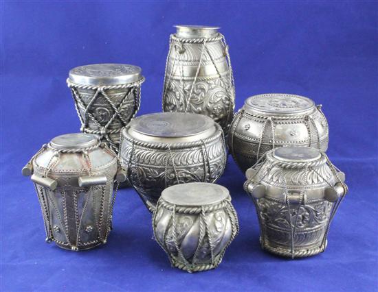 Seven Indian white metal pots