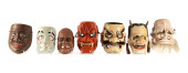 SEVEN JAPANESE CLAY AND WOODEN