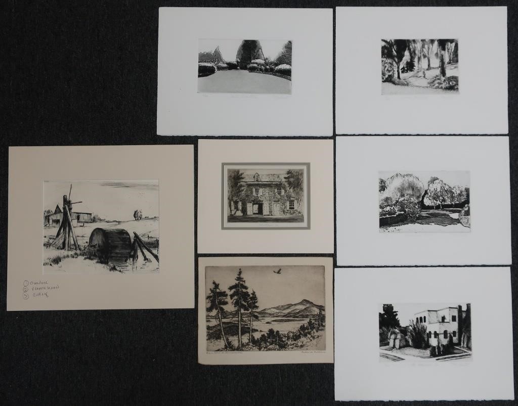 Seven landscape etchings and