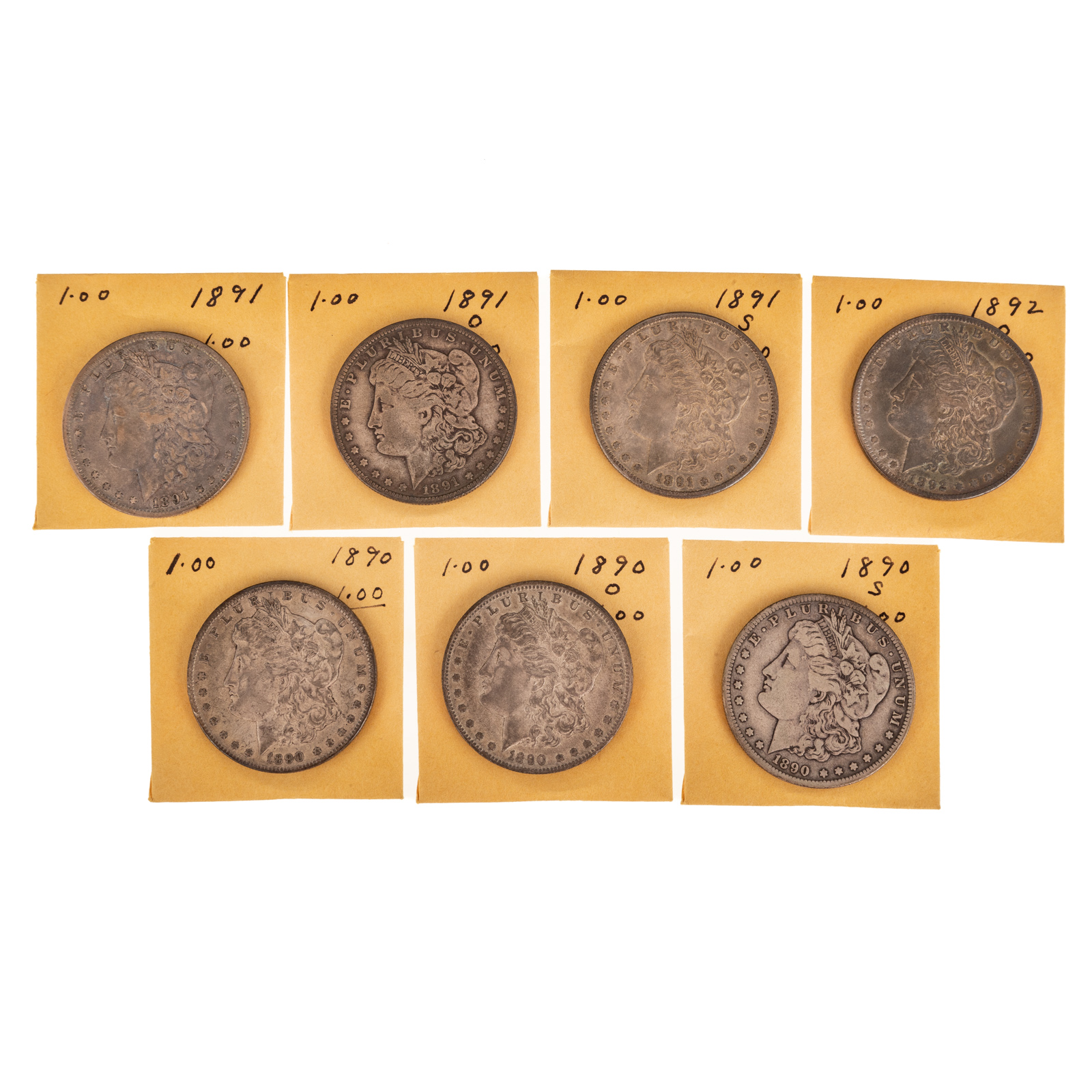 SEVEN MORGAN DOLLARS 1890-1892 1890