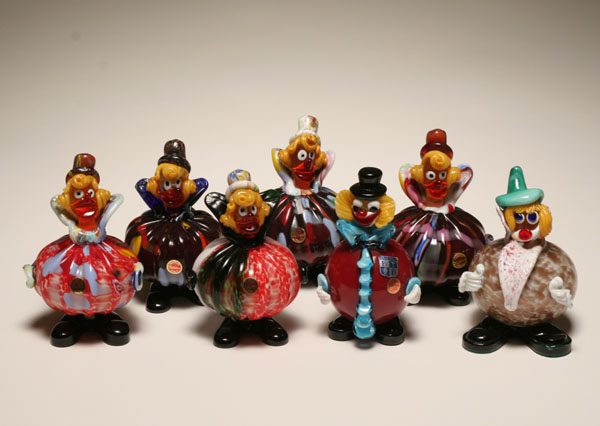 Seven Murano art glass clowns