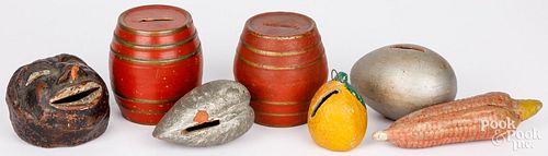 SEVEN PAINTED REDWARE BANKSSeven