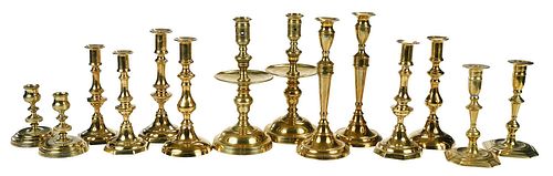 SEVEN PAIRS OF ENGLISH BRASS