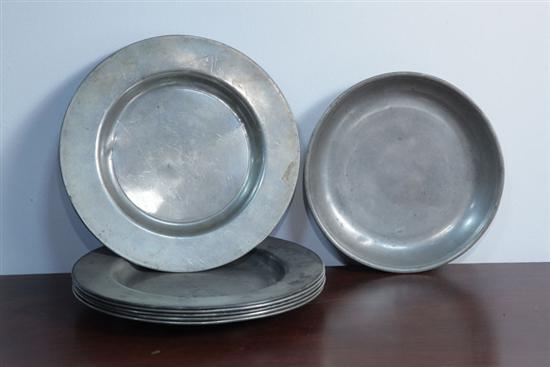 SEVEN PEWTER DISHES. One shallow