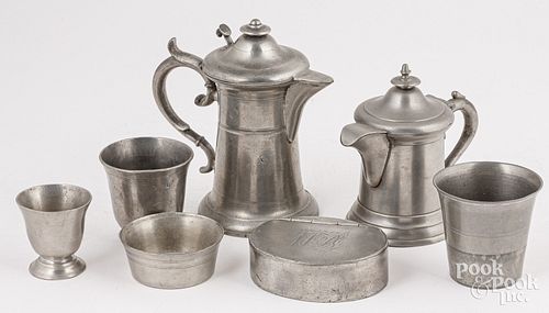 SEVEN PEWTER ITEMS, 18TH AND 19TH