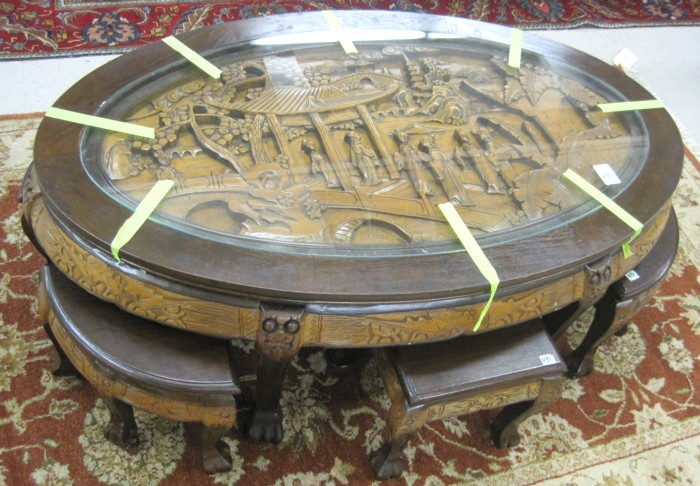 SEVEN-PIECE CARVED WOOD LOW TABLE