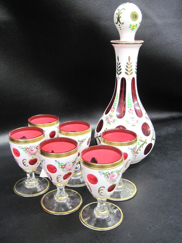 SEVEN PIECE SET CRANBERRY OVERLAY