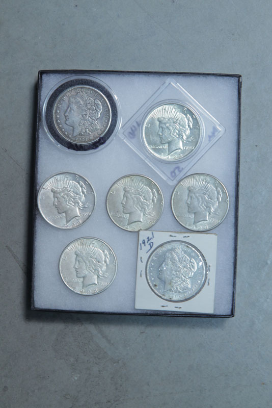 SEVEN SILVER DOLLARS. Five peace