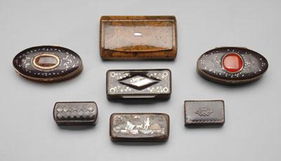 Seven snuff boxes, wood, horn,