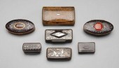 Seven snuff boxes, wood, horn,