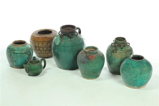 SEVEN STORAGE JARS AND TEAPOT. 