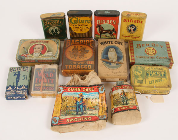 Seven tobacco tins, one box, and