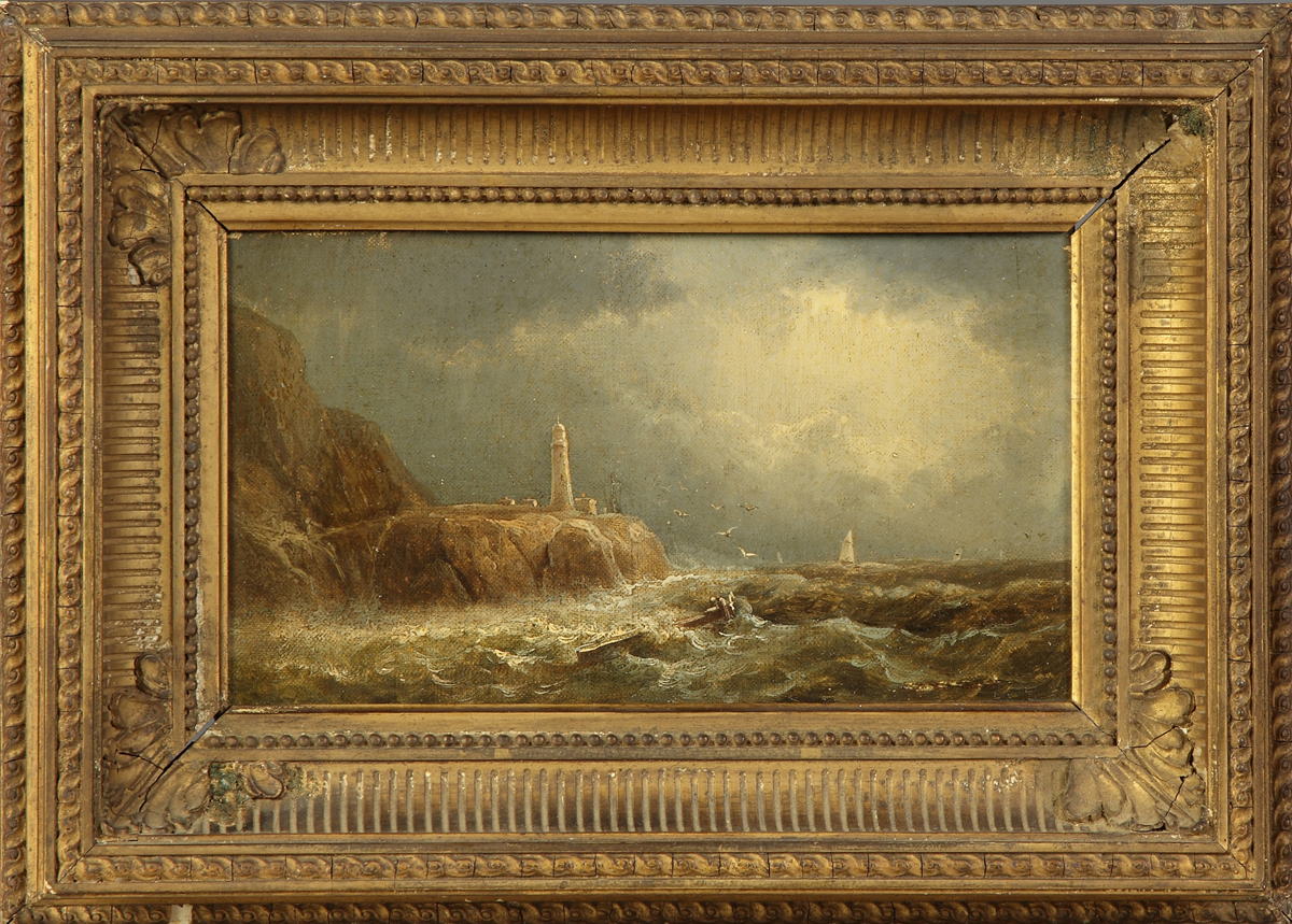 Sgn. ptg. of Lighthouse on rocky