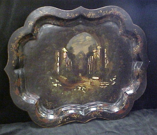 Shaped rim papier mache tray  scene