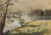 SHEEP GRAZING BESIDE A LAKE, W