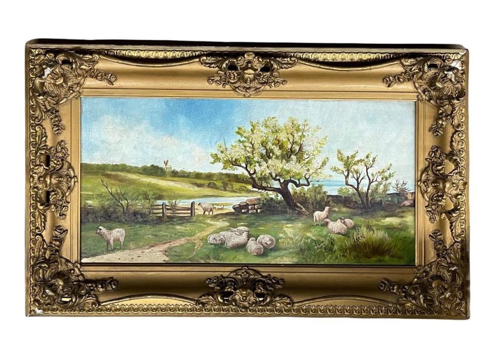 SHEEP IN FIELD, OIL ON PANEL
