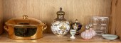 SHELF LOT OF CERAMICS AND GLAS