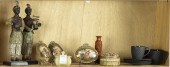 SHELF LOT OF CERAMICS AND DECO