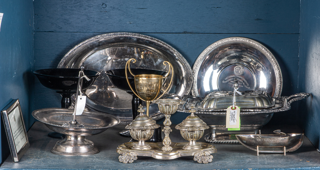 SHELF LOT OF MOSTLY SILVERPLATE