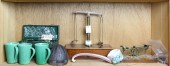 SHELF LOT OF SCALES AND CERAMI